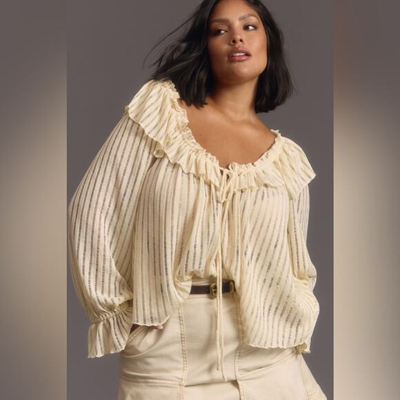 Anthropologie Tops - By Anthropologie Long Sleeve Sheer Striped Crop Blouse Cream Peasant medium
